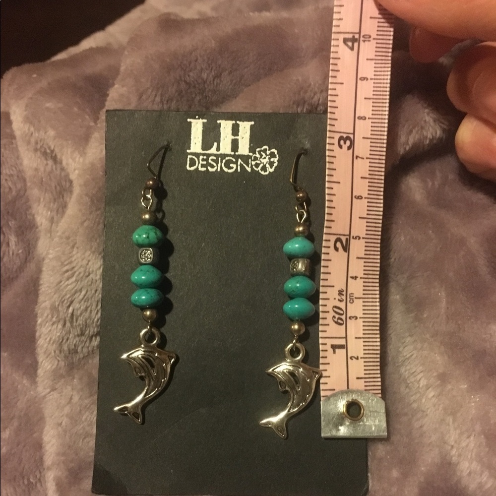 Turquoise Dolphin Drop Earrings Silver Tone Beaded Coastal Boho - Picture 4 of 4